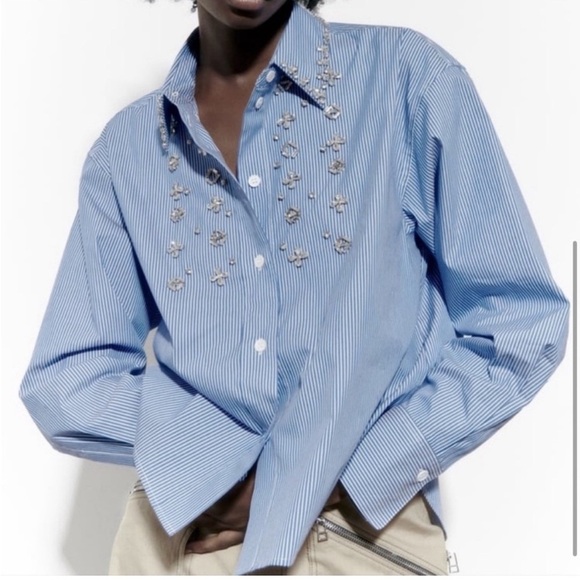 ZARA JEWEL APPLIQUÉ POPLIN STRIPE BLUE WHITE SHIRT - Picture 1 of 9